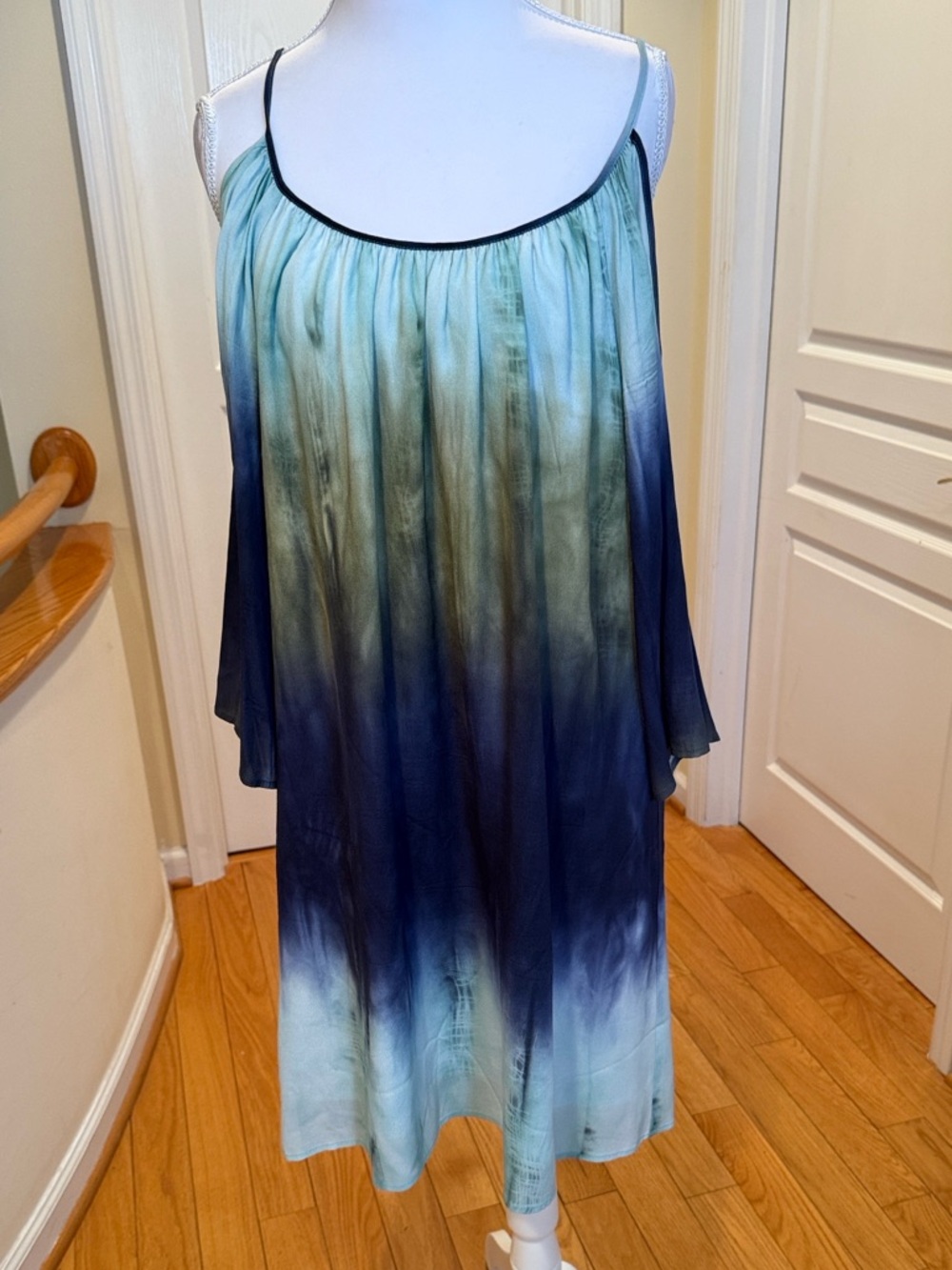 Karen Kane Tie-Dye Ombre Spaghetti Strap Cold Shoulder Dress in Aqua and Navy